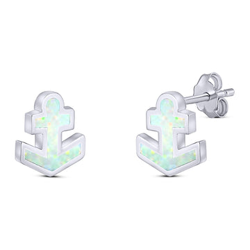 Anchor Stud Earring Lab Created White Opal Solid 925 Sterling Silver (9mm)